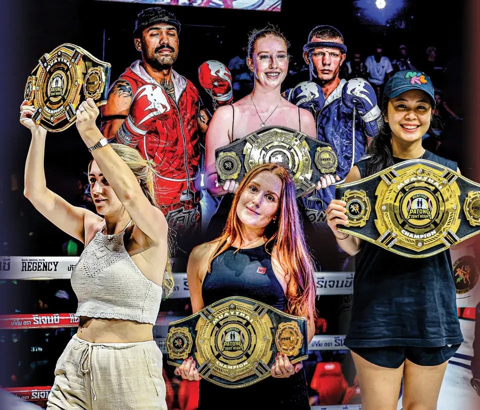 Guests posing in the ring with Patong Fight Night championship belts, beside fighters