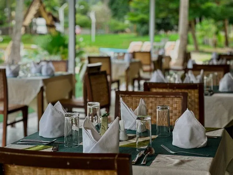 Tables laid with folded napkins and glasses on the terrace