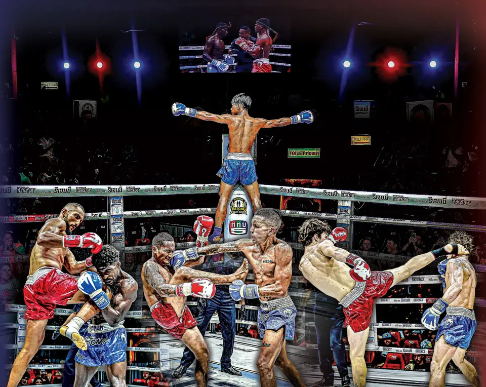 Collage of Muay Thai fighters in action in the ring